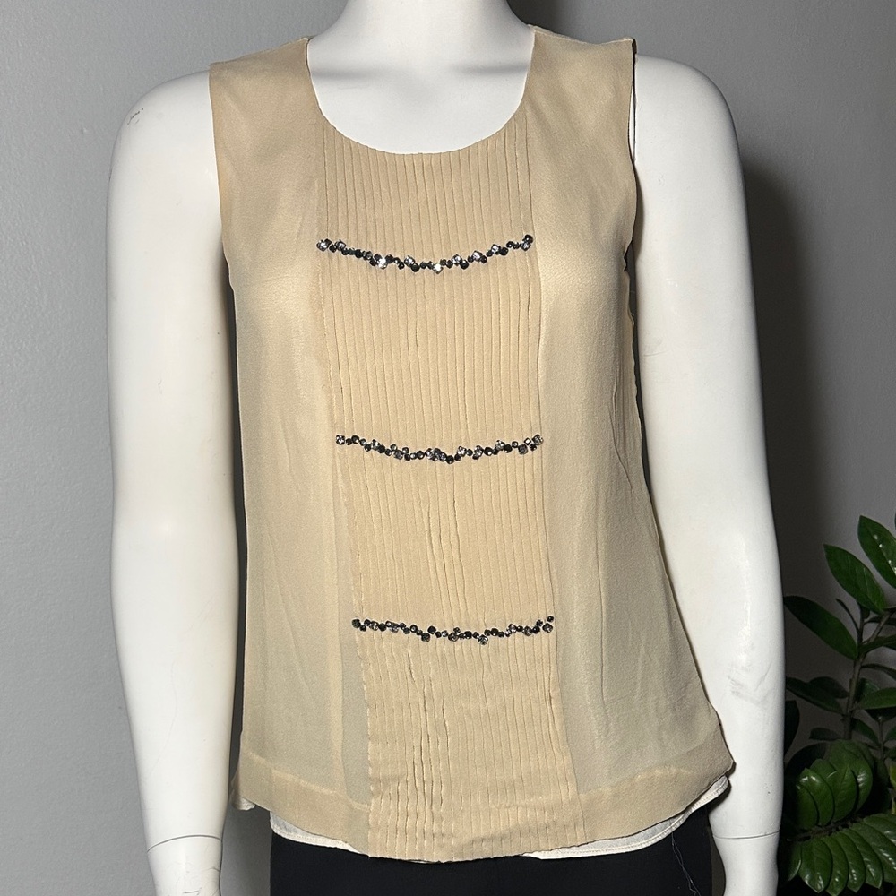 J. Crew Silk Cream Sleeveless Blouse with Tuxedo pleats and Embellishments